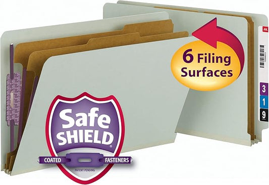 Smead 100% Recycled End Tab Pressboard Classification File Folder with SafeSHIELD Fasteners, 2 Dividers, 2" Expansion, Legal Size, Gray/Green, 10 per Box (29810)