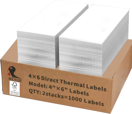 HUOJI 4x6 Direct Thermal Shipping Labels, 2 Stacks 1000 Labels, Fanfold, Compatible with Rollo, Zebra, MUNBYN Printers(Commercial Grade)