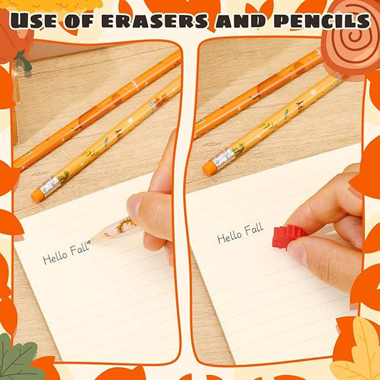 JULMELON 72PCS Fall Party Favors Set, 36PCS Autumn Pencils with 36PCS Pumpkin Maple Leaf Erasers, Pencils for Thanksgiving Holiday Party Reward Supplies