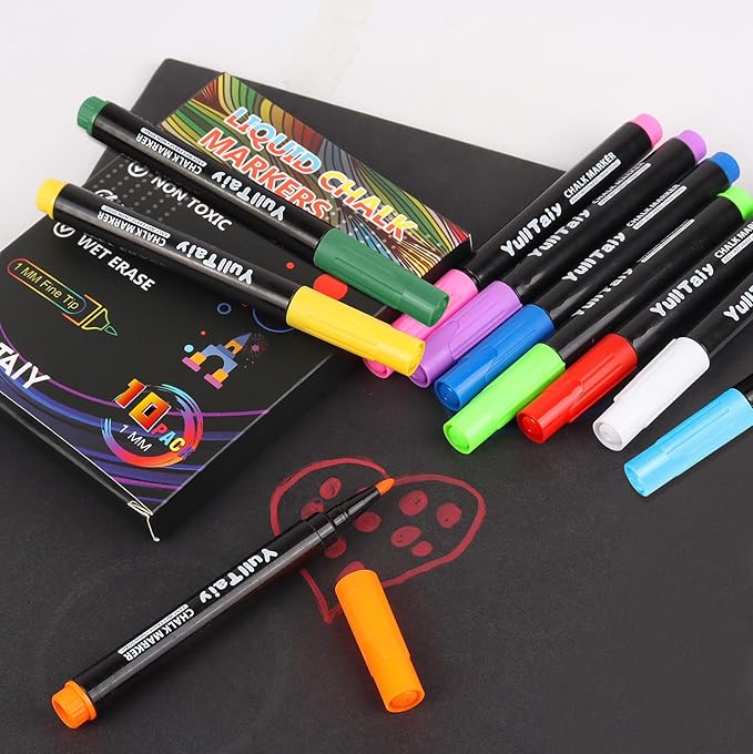 Liquid Chalk Markers for Acrylic Calendar Planning Board, Dry Erase Board Whiteboard, Glass, Mirror, 1mm Fine Points, Easy Wet Erase (10 Color)