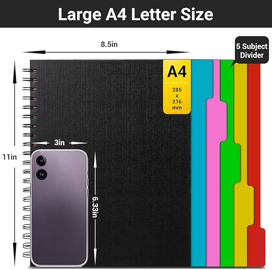 EUSOAR Notebook with Tabs, 3 Pack A4 Letter Size11 x 8-1/2", Black Hardcover Spiral 5 Subject Notebook, 120 Sheets/ 240 Pages, 100GSM College Ruled Paper, Journals for Work Office School Composition