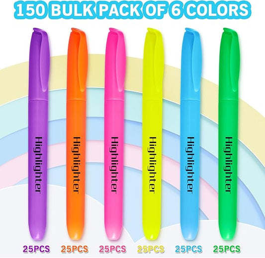 Highlighters, Chisel Tip Dry-Quickly Highlighter Markers, 150 Count-6 Assorted Colors Highlighters Bulk Pack for Adult Kids, Office Classroom Must Have, School Supplies for Teachers