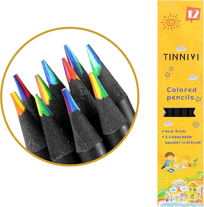 TINNIVI Art Supplies for Kids and Adults, 7 Color in 1 Black Wooden Rainbow Colored Pencils Pre-sharpened, with Sharpener, for Coloring Books, Easter Basket Stuffers, Drawing, Sketching (12pcs)