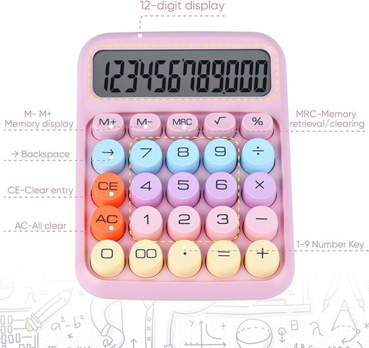 Mechanical Pushbutton Calculator,12 Digit Large LCD Display,Big Buttons Easy to Press,Colorful Candy Calculator,Automatic Sleep,with Battery.for Office,School, Home. (Pink)