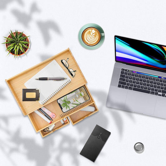 Desk Organizer with Drawers - Bamboo Desktop Organizers Storage | Wood Makeup Organizer for Bills, Office Supplies, Cosmetics, Seals, Kitchen Utensils, No Assembly Required