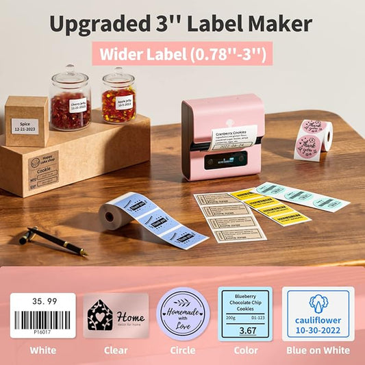 Phomemo Label Maker- M221 Label Maker Machine 3 Inch Bluetooth Thermal Barcode Printer for Small Business/Home Use, for Barcode, Address, Logo, Mailing, Stickers, Compatible with Phone & PC, Pink
