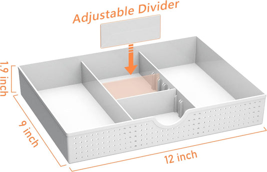 CAXXA 2PK - 3 Slot Drawer Organizer with Two Adjustable Dividers - 5 Compartments Drawer Storage Junk Drawer Organizer for Office Desk Supplies and Accessories, White