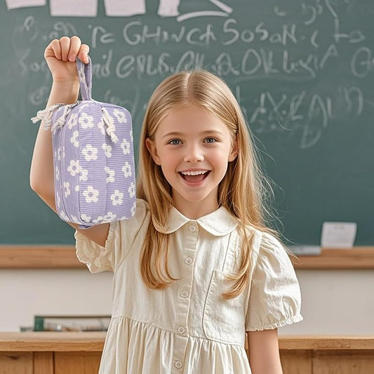 Bluboon Big Capacity Pencil Case Pencil Pouch Pen Case School Supplies Cute Pencil Box Pencil Bag for Teen Girls Boys Women Man (Beige Flower Purple)