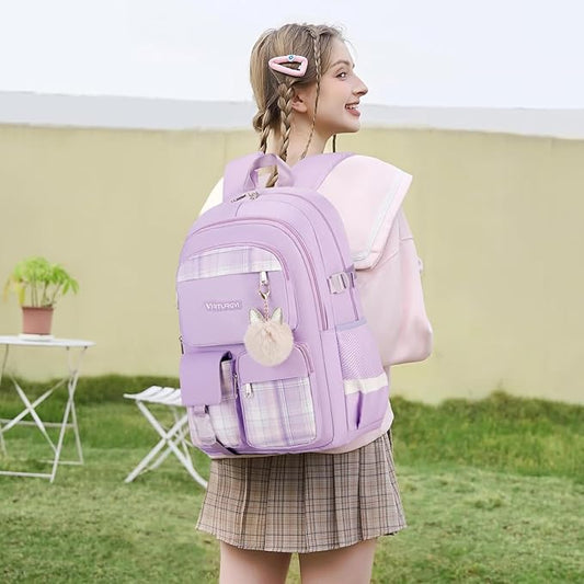 3PCS School Backpack For Student Women College Middle High Teen Girls Bookbag Waterproof Laptop Bag Plaid Purple