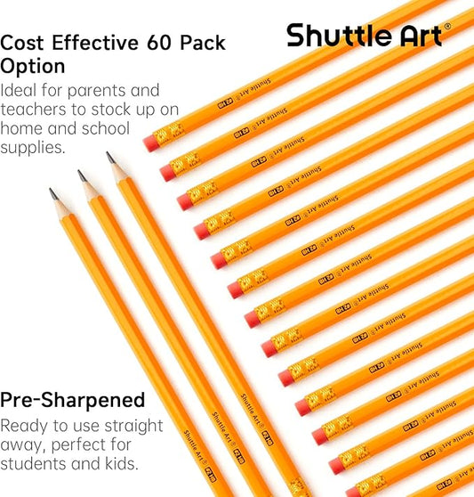 Shuttle Art 60 Pack Pencils, #2 HB, Pre-sharpened Pencils with Top Erasers, Premium Woodcased Yellow Pencil Bulk for Classroom & School Supplies, Writing and Drawing