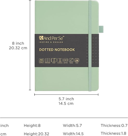 &And Per Se Bullet Dotted Journal Notebook, A5 Leather Hardcover, 176 Numbered Pages 100GSM Thick Dotted Paper, 2 Sheets of Stencils Included - 5.7'' x 8'' (Light Green)