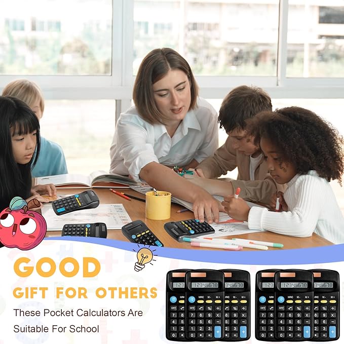 24 Packs Pocket Size Mini Black Calculator Basic Calculators for Handheld Angled Students 8 Digit Display Solar Battery Dual Power Small Calculator for Students Kids Home Office