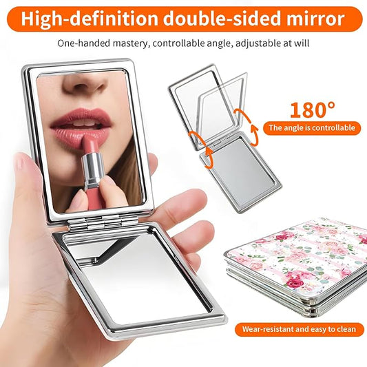 Compact Pocket Mirror, Cute Travel Mini Mirror with Magnification, Foldable Double-Sided Portable Cosmetic Mirror for Men, Women Stripe Pink Rose