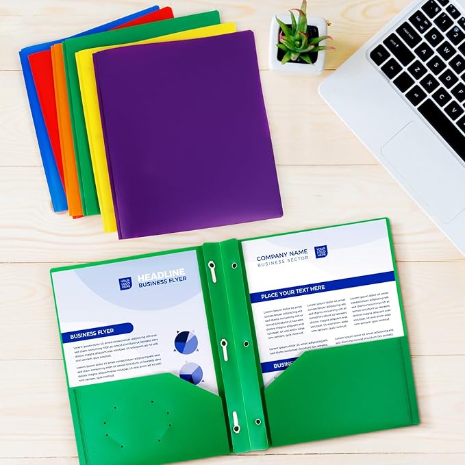 2-Pocket Folders with 3 Prongs,12-Pack Plastic Folders with Pockets and Prong Holds Letter Size Paper, Plastic Pockets Folder for School, Office and Home, Green