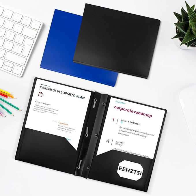 12-Pack Plastic Folders with Pockets and Prongs,2-Pocket Folders with 3 Fasteners, Poly Folders Holds 8-1/2" x 11" Paper for School/Office/Home, Black