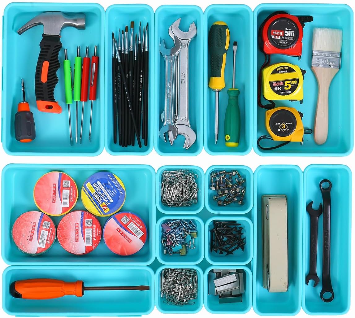 15 PCS Interlocking Desk Drawer Organizer Separator for Office,Bathroom,Kitchen,Makeup(Blue&Green)