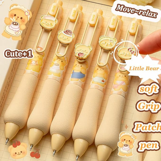 Cute Gel Pens 5Pcs Retractable Quick Dry Ink Pens 0.5mm Fine Point Black Ink Kawaii Smooth Writing Pens for School Office Supplies Aesthetic pretty pens (Honey Bear)