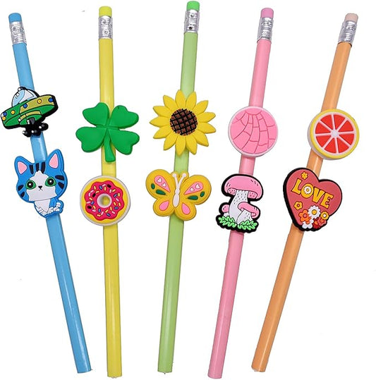 YEALQU 30PCS Random Different Pencil Topper Decoations Cute PVC Pencil Toppes Lovely Black Clip for Pupil/Junior Students Gifts Awards