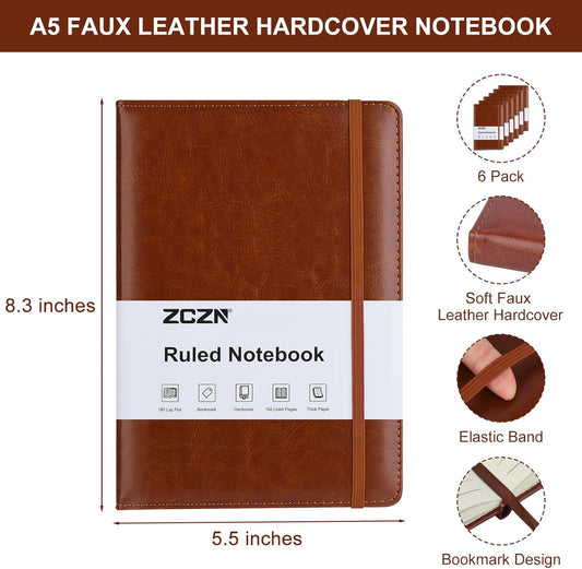 ZCZN Lined Journal Notebooks for Work, 5.5x8.3 in, 192 Pages, Hardcover Leather A5 Journals for Writing, Diary & Travel, College Ruled Journaling Notebooks for School, Office, Home (Brown*6)
