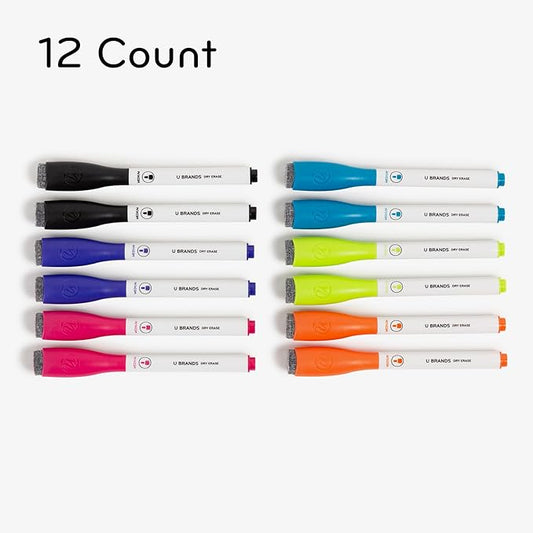 U Brands Fine Tip Dry Erase Markers with Eraser, Magnetic Whiteboard Markers, Low Odor, Assorted Bright Colors, Set of 12 (Pack of 2)