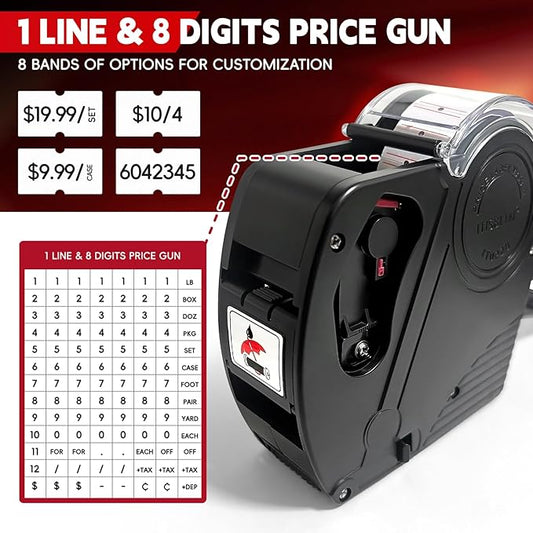 1 Line Price Gun & 8 Characters Price Tag Gun Black Pricing Gun Kit – Includes 5,000 Blank White Price Labels, 2 Ink Rollers, 1 Ink roll pre-Loaded