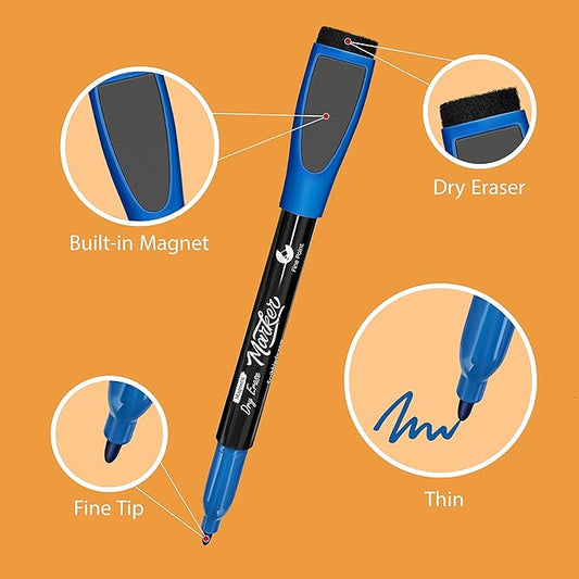 Scribbledo Magnetic Dry Erase Markers, Fine Tip, Assorted Colors, Low Odor, with Eraser Cap, Thin Whiteboard Markers for Adults, Students, Teachers, Kids (12 Pack)