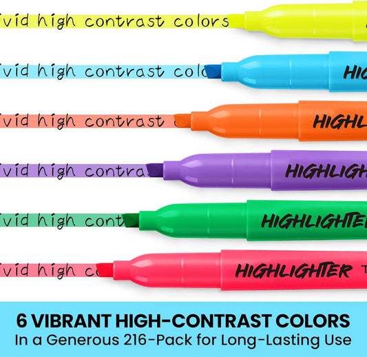 Taja 216 Pack Highlighters Bulk Assorted Bright Colors, 6 Colors Chisel Tip Highlighters Markers Set with No Bleed Ink, Perfect for School & Office Supplies