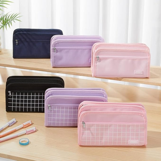 Sooez Large Pencil Case, Big Capacity Pencil Pouch Pen Bag with 3 Compartment, Portable Canvas Stationery Organizer with Zipper, Cute Aesthetic School Supplies for Teen Girls College, Pure Pink