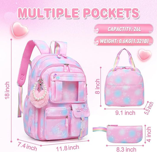 Sweet Girls Backpack - Stylish Splash-resistant School Bag with Multiple Pockets & Trendy Laptop Compartment(17inch Set Pink)