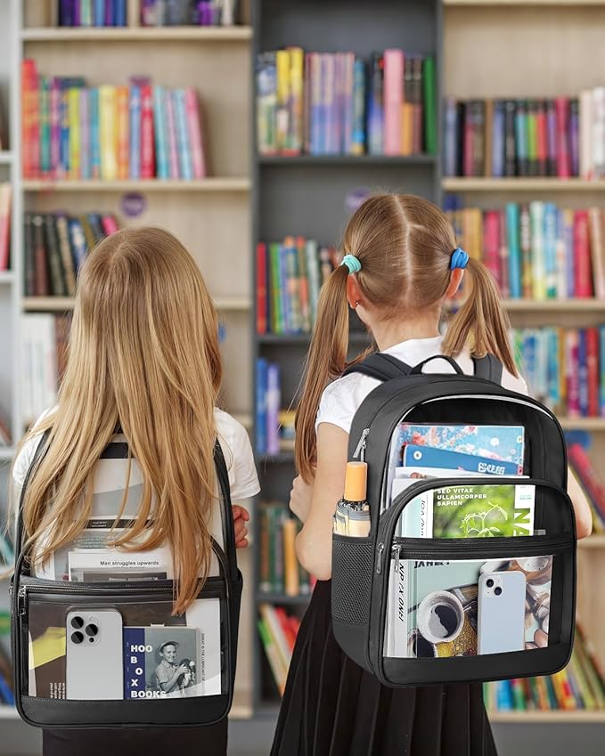 Clear Backpack, Heavy Duty Transparent Bookbag for School, Fabric & PVC Transparent Backpack with Reinforced Strap for Women Men, Capacity Clear Bag for College, Travel, Security, Black