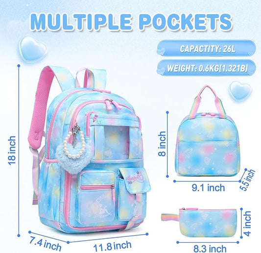 Sweet Girls Backpack - Stylish Splash-resistant School Bag with Multiple Pockets & Trendy Laptop Compartment(17inch Set Blue)