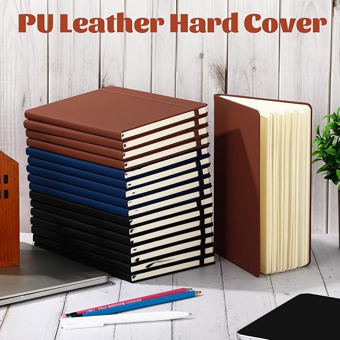 Honoson 20 Pack Lined Journal Notebooks A5 Hardcover Executive Notebook 5.5" x 8.3" PU Leather Wide Ruled Journals Bulk with Elastic Band for Home Business Office School Supplies(Black, Navy, Brown)