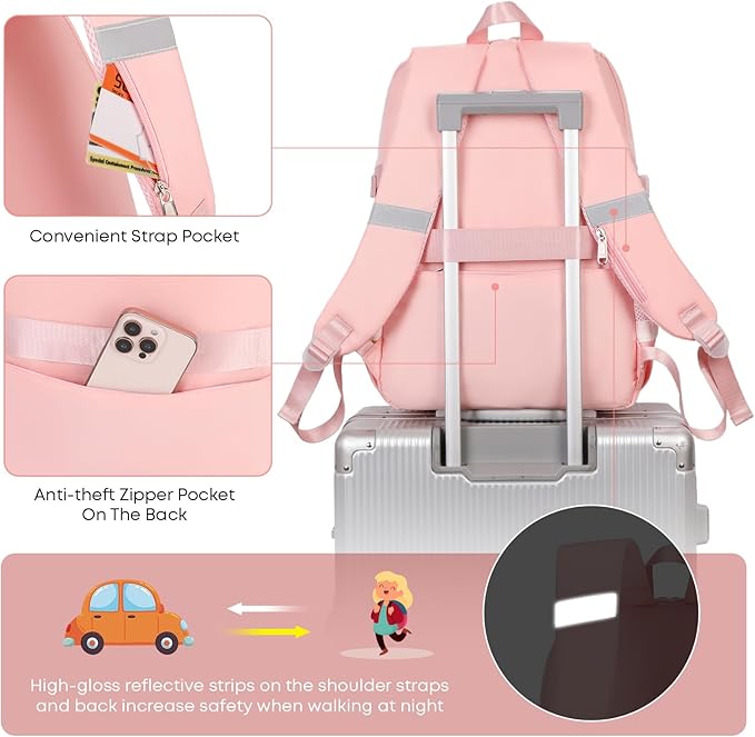 3PCS School Backpack For Student Women College Middle High Teen Girls Bookbag Waterproof Laptop Bag Plaid Pink