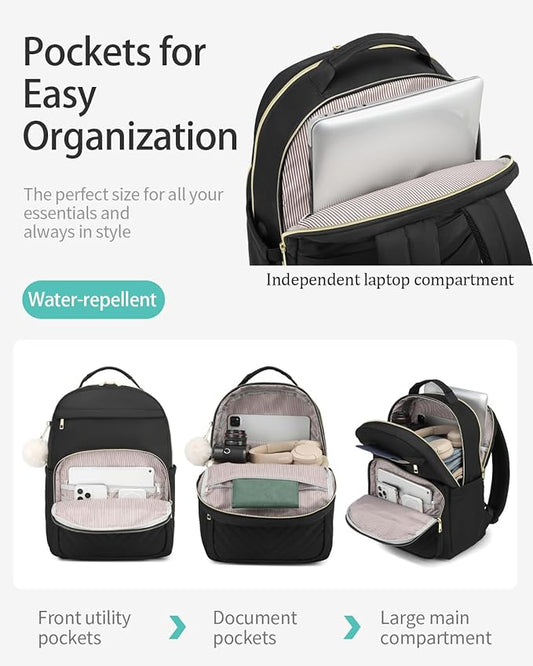 Laptop Backpack Women, Aesthetic Highschool Backpack for Girls Cute Black Backpack for College Students Nursing Commuter Work Travel