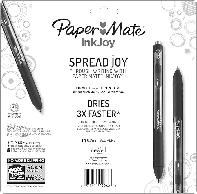 Paper Mate InkJoy Gel Pens, Black Ink, Medium Point (0.7mm), 10 Count, Bundle with Plastic Reusable Pouch