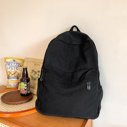 Vintage Canvas Backpack for Women Grunge Hippie Cute Boho School Backpack Casual Y2K Aesthetic Backpack (Black)
