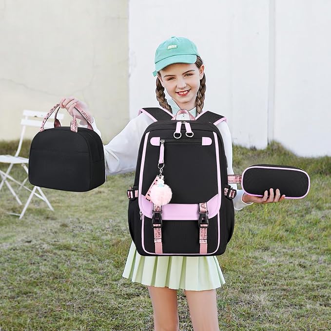 Bevalsa School Backpack for Girls, Backpack with Lunch Box & Pen Case, Bookbag for Girls Kids Elementary Middle High School Student 21L Children Schoolbag (Purple Black)