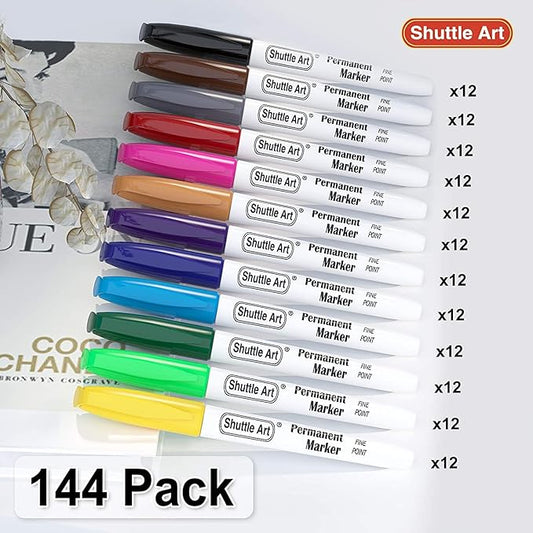 Shuttle Art 144 Pack Permanent Markers, Permanent Marker Assorted Colors, 12 Bright Colors Fine Point Permanent Markers For Kids and Adult Coloring on Wood, Stone, Glass as Office, School Supplies