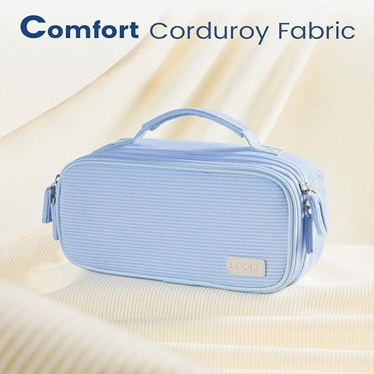 Sooez Large Pencil Case Pouch, Soft Corduroy Pencil Bag with Handle, Cute Pen Case, 5 Compartments, Wide Opening Pen Pouch Organizer with Zipper, Aesthetic School Supplies for Girls Women, Blue