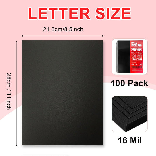 HOUYEE 100 Pack 16 Mil Poly Binding Covers,Sand Texture Binding Presentation Covers,8.5x11 Inches,Letter Size,Black,Square Corners,Un-Punched