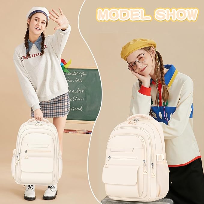 Cute Backpack for School Teen Girls Beige Bookbag Aesthetic Womens Travel Book Bags for School Kids Student Back Packs