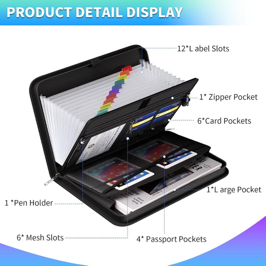 Fireproof & Waterproof Accordion File Organizer, 13-Pocket Expanding Document Organizer with Handle & Labels, Durable Heat-Resistant Folder for A4/Letter Files, Safe Home Office Travel Hold