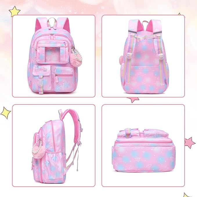 Sweet Girls Backpack - Stylish Splash-resistant School Bag with Multiple Pockets & Trendy Laptop Compartment(17inch Pink)