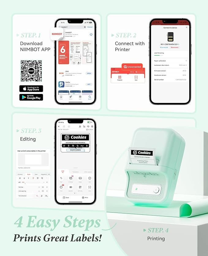 NIIMBOT B21 Label Printer,Bluetooth Thermal Label Maker,Ideal for Home Organization,Business,Ofice,50x30mm Labels,230Pcs(Mint Green)