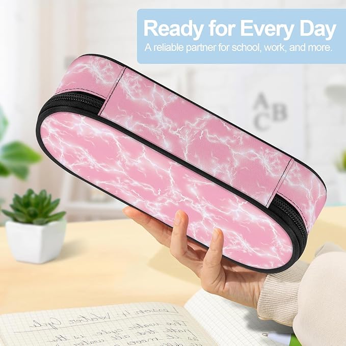 Lightning Large Pencil Case Big Capacity Pink Pencil Pouch for Girls Boys Teen Women Men Adult, Portable Kids Pencil Bag with Zipper, Stationery Storage Pen Bag for School Supplies Office Organizer
