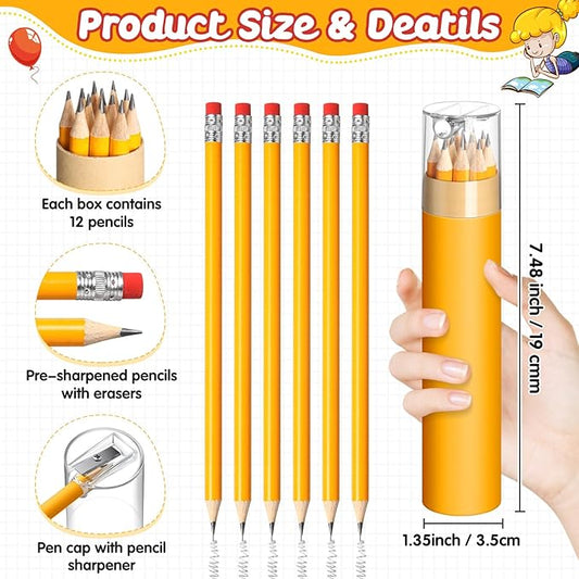 6 Pack 72Count #2 HB Pencils Bulk in Tube with Sharpener Assorted Colors Wood-cased Pre-sharpened Pencils for Kids Student Back to School Supplies Classroom Prize Party Favor Gifts (Yellow)