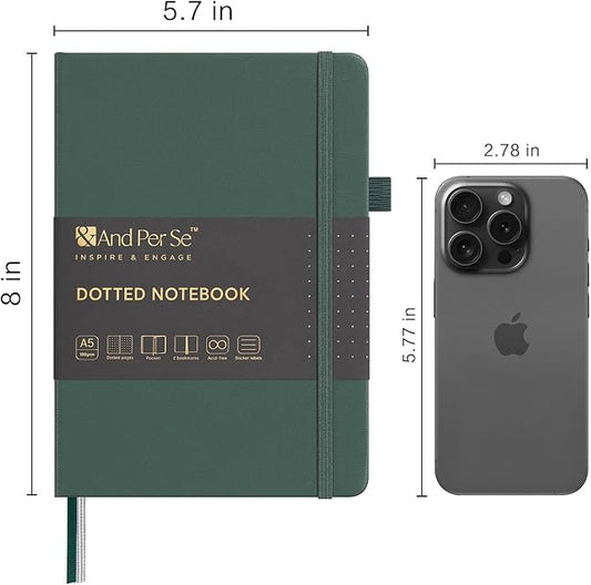 &And Per Se Dotted Journal Notebook, A5 Hardcover Leather Journal, 160 Pages 100 gsm Thick Dotted Paper,3 Sheets of Stickers Included - 5.7'' x 8''(Green)