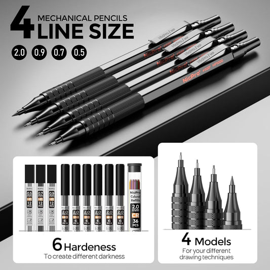 Nicpro 30PCS Black Metal Mechanical Pencil Set in Leather Case, Art Drafting Pencil 0.5, 0.7, 0.9 mm, 2mm Lead Pencil Holders for Sketching Drawing With 16 Tube (6B 4B 2B HB 2H 4H Colors)Lead Refills