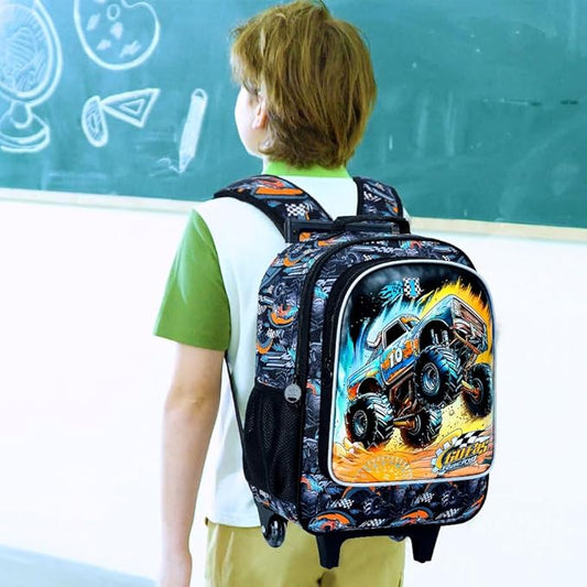 3PCS Truck Rolling Backpack for Boys, Kids Roller Bookbag with Wheels, Car Wheeled School Backpack for Elementary Preschool Kindergarten(Black)