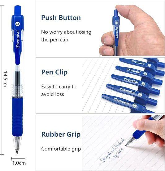 Blue Ballpoint Pens for School Office with Rubber Grip,Fine(0.5mm) Point Retractable-Set of 12 Writing Pens